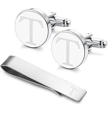 Initial Cuff Links Mens and Tie Clips for Men | Classic Silver Letter Alphabet A-Z Cufflinks and Tie Bar Set, Gifts for Men Father Husband for Formal Business Wedding - style: T