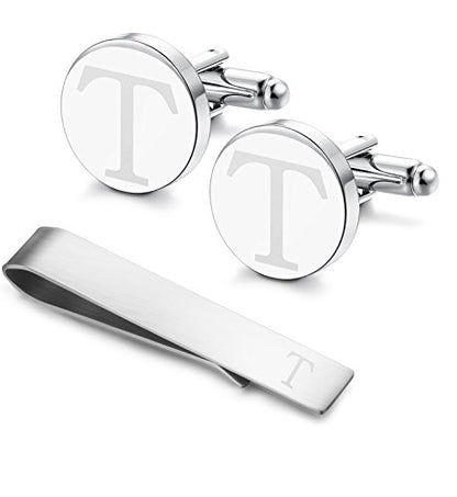 Initial Cuff Links Mens and Tie Clips for Men | Classic Silver Letter Alphabet A-Z Cufflinks and Tie Bar Set, Gifts for Men Father Husband for Formal Business Wedding - style: T