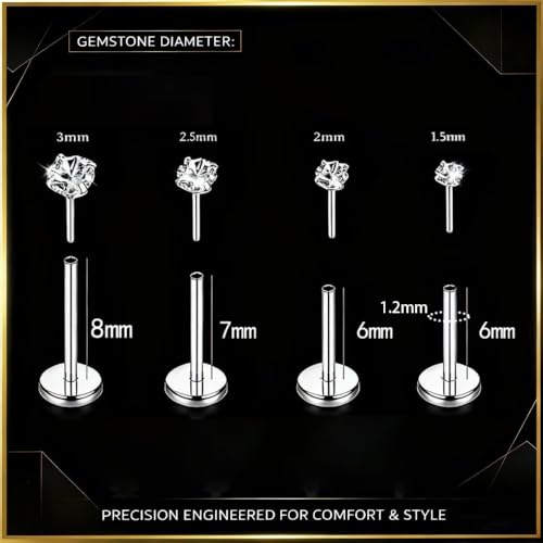 16G 18G 20G Hypoallergenic Threadless Flat Back Nose Studs Women | Medical Steel, CZ 1.5-3mm, Nostril Tragus Helix Piercing, A Secure Fit And Everyday Wear For Sensitive Skin - color: Silver-C