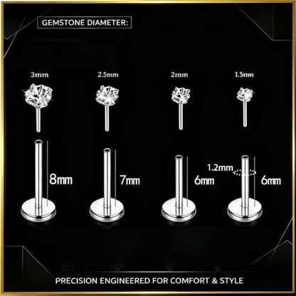 16G 18G 20G Hypoallergenic Threadless Flat Back Nose Studs Women | Medical Steel, CZ 1.5-3mm, Nostril Tragus Helix Piercing, A Secure Fit And Everyday Wear For Sensitive Skin - color: Silver-C