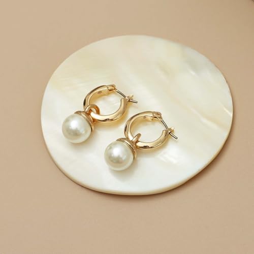 Small Chunky Gold Hoop Earrings For Women, 14k Gold Thick statement huggie hoop earrings Trendy Hoop Earrings Set Hypoallergenic Fashion Earrings - color: Pearl drop