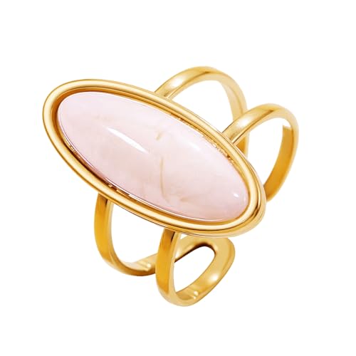 OIDIMS Fashion Geometric Oval Statement Ring for Women Gold-Tone Stainless Steel Dainty Faux Gemstone Adjustable Open Wedding Band Boho Trendy Comfirm Fit Wrap Finger Rings Cocktail Party Jewelry - color: Pink