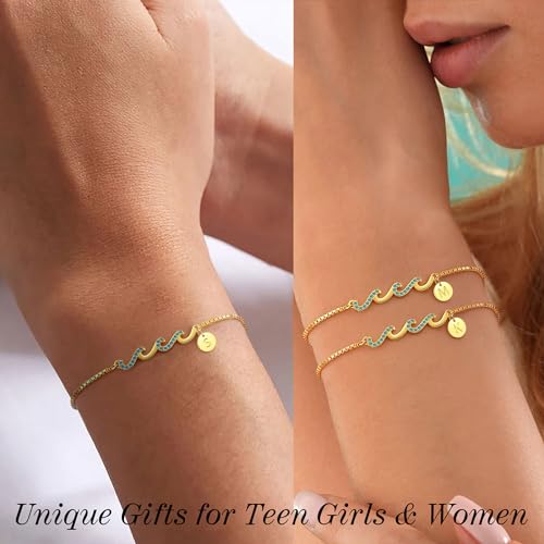 Gold Bracelets for Women Non Tarnish Graduation Gifts for Daughter 2026 Initial Bracelets for Women Mom Gifts Inspirational Wave Bracelet Grandma Letter A-Z Birthday Jewelry Christmas Stocking Stuffers - style: 10-J