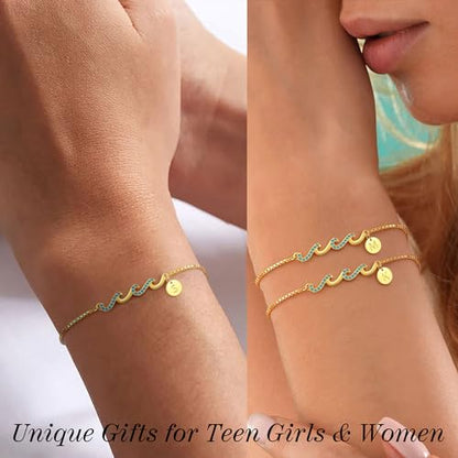 Gold Bracelets for Women Non Tarnish Graduation Gifts for Daughter 2026 Initial Bracelets for Women Mom Gifts Inspirational Wave Bracelet Grandma Letter A-Z Birthday Jewelry Christmas Stocking Stuffers - style: 10-J