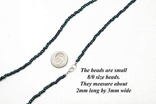 Kathy Bankston Handmade Metallic Blue Purple Seed Bead Necklace, Thin 2mm Single Strand Beaded Necklace