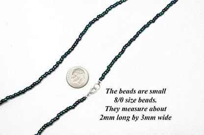 Kathy Bankston Handmade Metallic Blue Purple Seed Bead Necklace, Thin 2mm Single Strand Beaded Necklace