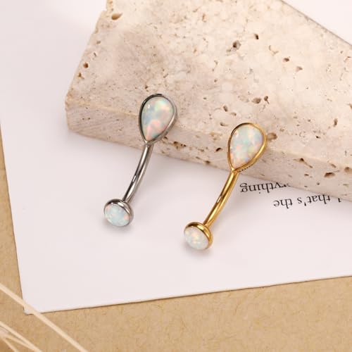 PEAKLINK G23 Titanium Eyebrow Ring 16G Rook Daith Tragus Helix Piercing Internal Threaded Curved Barbell Vertical Labret Lip Jewelry Small Belly Button Ring - color: Gold with White Opal