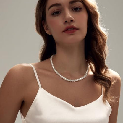 Zeffy Pearl Necklace 4MM/6MM/8MM Dainty Round Imitation Pearl Choker Necklace Wedding Pearl Necklace Delicate Jewelry for Women Simple Bridesmaid Jewelry Gifts - style: 8mm Silver Pearl Necklace(14"+2")