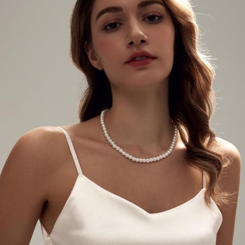 Zeffy Pearl Necklace 4MM/6MM/8MM Dainty Round Imitation Pearl Choker Necklace Wedding Pearl Necklace Delicate Jewelry for Women Simple Bridesmaid Jewelry Gifts - style: 8mm Silver Pearl Necklace(14"+2")