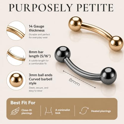 Forbidden Body Jewelry Surgical Steel Petite Belly Button Rings Curved Navel Barbell Set 14G 5/16 Inch 3mm End Balls - style: Rose Gold/Black