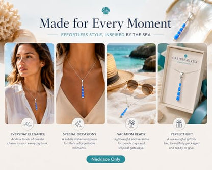 Blue Fire Opal Necklace for Women – Silver Bar Pendant Necklace, Ocean Inspired Coastal Jewelry, Adjustable 18-20 Inch Chain