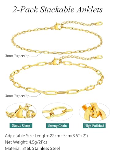 FaithHeart Waterproof Ankle Bracelets for Women, 1/2/3Pcs Non Tarnish Stainless Steel Layered Anklet Set Paperclip Figaro Cuban Link Chain Dainty Summer Beach Jewelry Gift Adjustable Size - style: e.Paperclip 2Pcs - Gold