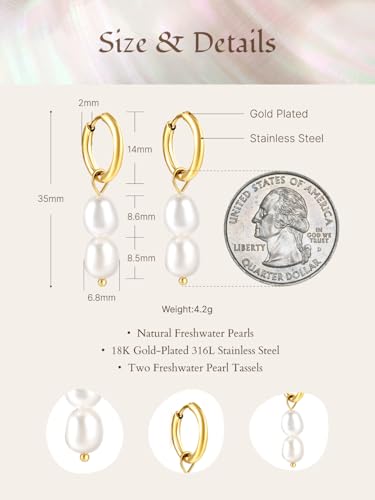 Pearl Earrings VeroSteel Dangle Earrings for Women, Dainty 14k Gold Huggie Hoop Earrings with Pearls, Trendy Pearl Drop Earrings, Stainless Steel Hypoallergenic Stud Earrings For Sensitive Ears - style: Double Pearl