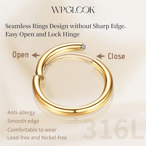 2Pcs Nose Ring Hoop Set: 14G 16G 18G 20G 316L Surgical Steel Septum Rings Hypoallergenic Body Jewelry 6/7/8/9/10/12MM Cartilage Earrings for Women Men - color: Gold-Single+Single CZ