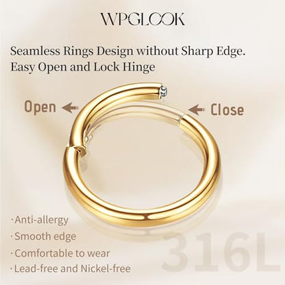 2Pcs Nose Ring Hoop Set: 14G 16G 18G 20G 316L Surgical Steel Septum Rings Hypoallergenic Body Jewelry 6/7/8/9/10/12MM Cartilage Earrings for Women Men - color: Gold-Single+Single CZ
