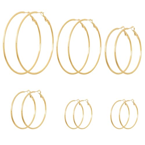 6 Pairs Gold Hoop Earrings for Women 14K Gold Plated Hoop Earrings Set Hypoallergenic Stainless Steel Earring Lightweight Dangle Loop Earring Set