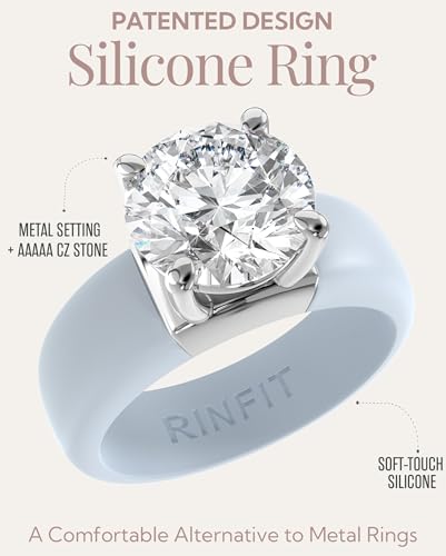 Rinfit Silicone Ring with Stone, Round Cut CZ | AAAAA Grade Cubic Zirconia, Solitaire Engagement Ring for Her, Flexible Rubber Wedding Band for Women, Patented Design - color: Pack G: Soft Blue / Silver