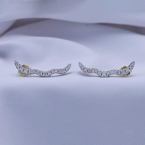 Round Cut White Cubic Zirconia Wave Shaped Ear Climbers Stud Earrings in 14K Gold Plated Sterling Silver With Push Back for her - color: yellow-gold-plated-silver