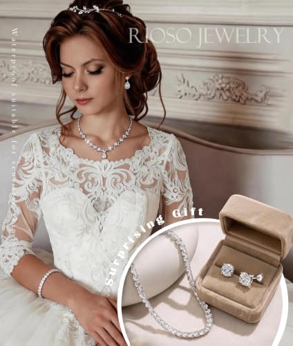 RIOSO Silver Clutch Purse Prom Wedding Jewelry Sets for Women Rhinestone Clutch Silver Necklace and Earring Bracelet Accessories Set for Wedding Formal Bridal Bridesmaid Evening Prom Jewelry
