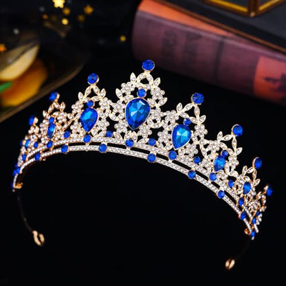 Crystal Crown and Tiara Jewelry Set for Women Bride with Necklace Earrings | Metal Rhinestone Royal Queen Princess Jewelry Set Wedding Quinceanera Pageant Prom Birthday Halloween Party Costume Gift - color: Blue