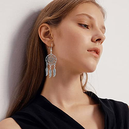KaFu Woman Retro Silver BOHO Style Metal Dangle Drop Earrings Dream Catcher Statement Feather Dangle Tassels Turquoise Earrings for Women Girls - color: Silver-2