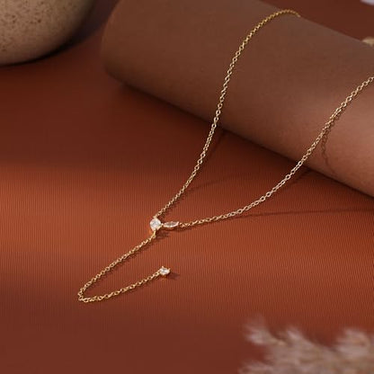 Ewrkbr Long Necklaces for Women, Dainty Gold Drop Necklace 14k Gold Plated CZ Y Shaped Lariat Necklace Simple Gold Necklaces for Women Trendy Summer Beach Accessories Wedding Prom Jewelry Gifts - color: Gold-Leaf Drop