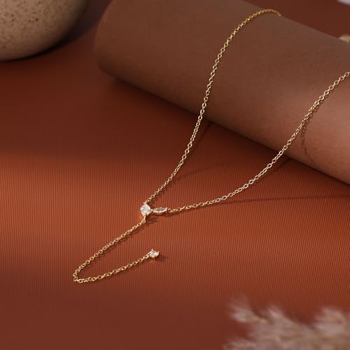 Ewrkbr Long Necklaces for Women, Dainty Gold Drop Necklace 14k Gold Plated CZ Y Shaped Lariat Necklace Simple Gold Necklaces for Women Trendy Summer Beach Accessories Wedding Prom Jewelry Gifts - color: Gold-Leaf Drop
