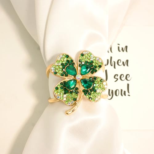 Rhinestone Green Four Leaf Clover Silk Scarf Ring Clip for Women Gold-Tone Dainty Crystal Flower Scarf Slide Buckle Holder Clasp Lucky Decor Dress Accessories St Patrick's Day Holiday Jewelry