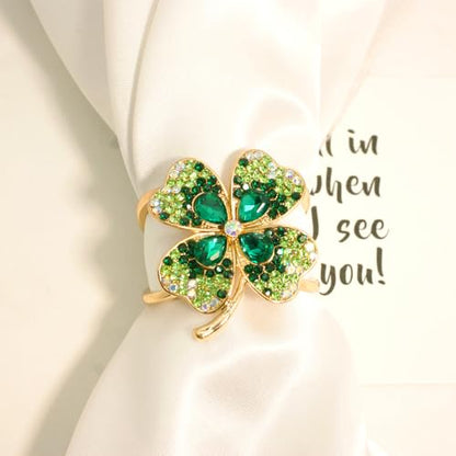 Rhinestone Green Four Leaf Clover Silk Scarf Ring Clip for Women Gold-Tone Dainty Crystal Flower Scarf Slide Buckle Holder Clasp Lucky Decor Dress Accessories St Patrick's Day Holiday Jewelry
