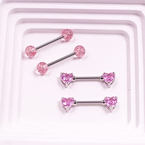 VERAMI 14G Stainless Steel Heart Nipple Rings and Barbell - Butterfly, Starlight Acrylic Ball, Tongue Rings for Women and Men - color: T-PINK-CZ