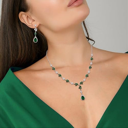 Teardrop Marquise Cubic Zirconia Wedding Prom Jewelry Set for Women Bridal | Silver/Gold/Rose Gold Plated, Pear Cut Pendant Necklace Drop Earrings Link Bracelet, for Bride Bridesmaid, for Banquet Party - style: A_Three Set, Green