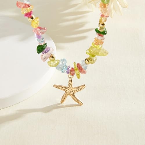 Gold Starfish Necklace Natural Stone Beaded Necklaces for Women Boho Handmade Irregular Stone Bead Necklace Summer Beach Ocean Jewelry Gift - color: Colorful