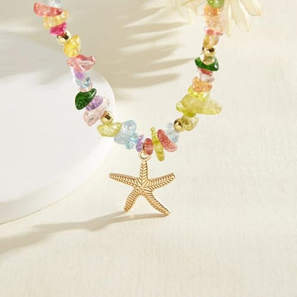 Gold Starfish Necklace Natural Stone Beaded Necklaces for Women Boho Handmade Irregular Stone Bead Necklace Summer Beach Ocean Jewelry Gift - color: Colorful