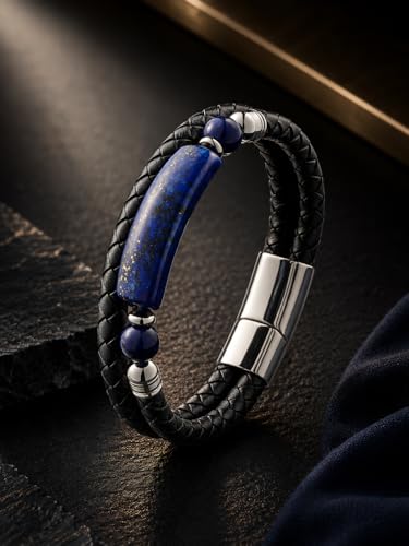 Mens Black Leather Obsidian/Turquoise/Tiger Eye/Red Agate Bracelet–Braided Multi‑Layer Wristband Cuff Bangle Bracelet with Stainless Steel Clasp Gift Jewelry Box Included - color: Style 3: Lapis Lazuli, size: 8.3in(Fits most wrists)