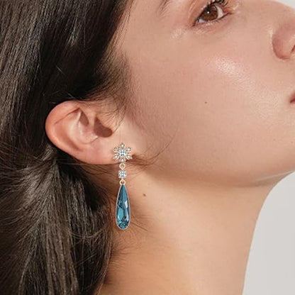 Austrian Crystal Teardrop Earrings Flower Dangle Earrings for Women 14K Gold Plated Drop Stud Earrings Hypoallergenic Jewelry - color: Dark Blue