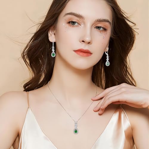 Women 925 Sterling Silver Twist Infinity Teardrop Necklace Earrings 5A Cubic Zirconia Green May Birthstone Emerald Color Jewelry Set