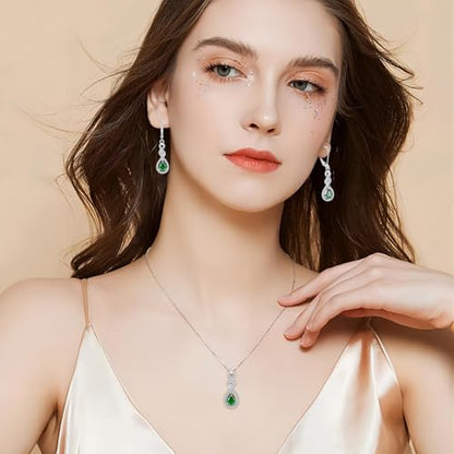 Women 925 Sterling Silver Twist Infinity Teardrop Necklace Earrings 5A Cubic Zirconia Green May Birthstone Emerald Color Jewelry Set