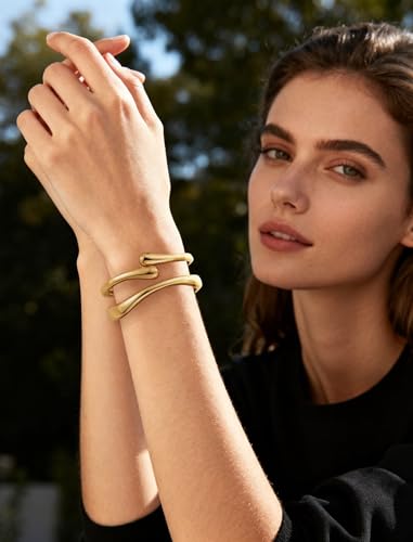 Chunky Gold Bangle Bracelets for Women – 14k Gold Plated | Cuff Bangles, Stackable Bracelet Set, Wide Trendy Fashion, Jewelry Gift - color: 04-Gold-2pcs