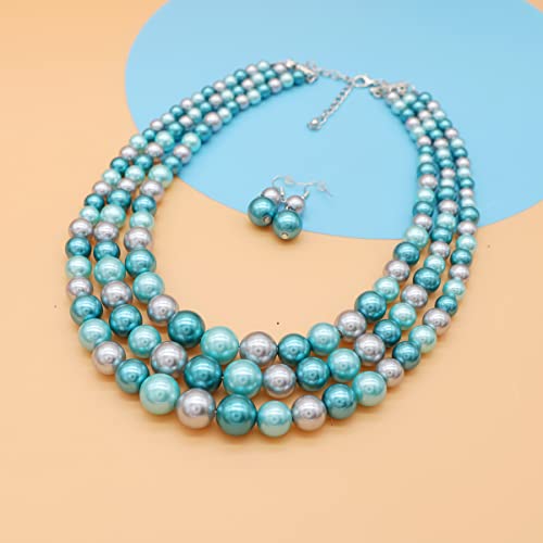 Chunky Layered Imitation Pearl Necklace for Women 3 strand Pearl Necklaces Faux Pearl Necklace Earrings Set 1920s Flapper Gatsby Costume Accessories - color: 3 strand pearl necklace blue grey
