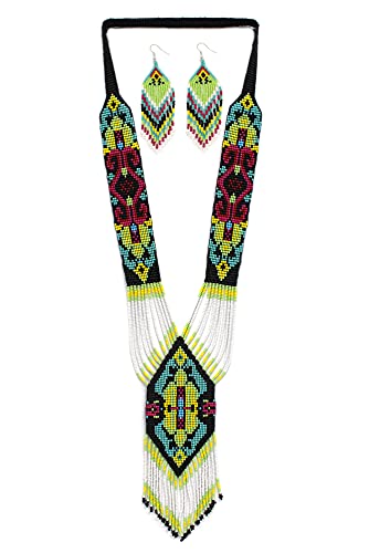 Handmade Beaded Indian Necklace,Inspired by Native American Style Long Necklace Earrings Set,One of a Kind beaded Necklace for Women,Perfect for Occasions, Gifts - color: White & Green
