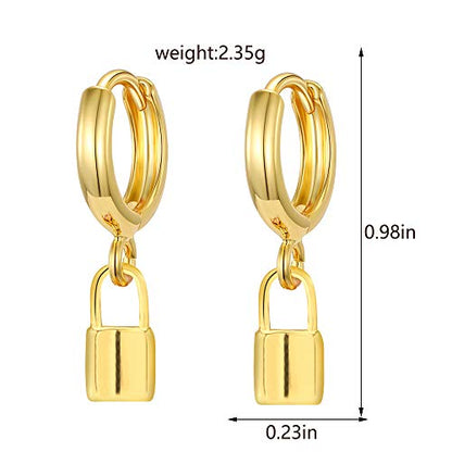 XYJZXY Gold Huggie Small Hoop Earrings with Charm Personalized Snake/Evil Eye/Star/Cross/Lock/Key 18k Gold Plated Crystal Drop Dangle Earrings for Women - style: Lock
