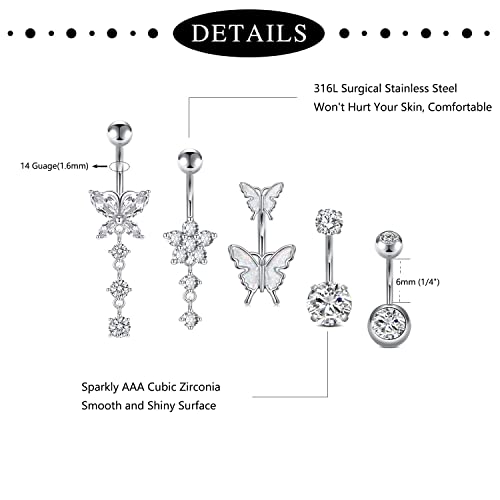 Incaton 14G Belly Button Rings, Stainless Steel Diamond Belly Rings For Women, Dangle Belly Button Rings With Butterfly, 6mm Short & 10mm Bar Navel Piercings - color: Silver 6mm