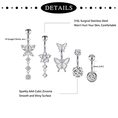 Incaton 14G Belly Button Rings, Stainless Steel Diamond Belly Rings For Women, Dangle Belly Button Rings With Butterfly, 6mm Short & 10mm Bar Navel Piercings - color: Silver 6mm