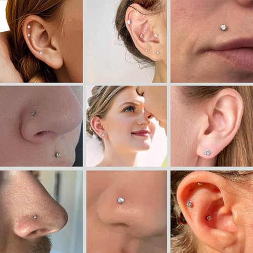 Gotumo 16G 18G 20G Flat Back Earrings Stud Titanium Threadless Nose Rings Tragus Labret Cartilage Lip Medusa Conch Body Piercing Jewelry Hypoallergenic for Women Men - color: Silver, size: 16G Bar Lengths 6mm & CZ 2mm