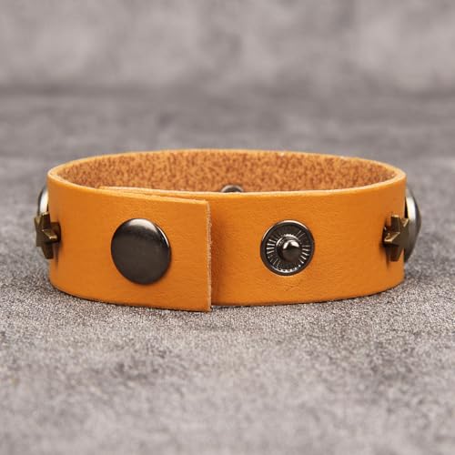 Jeilwiy Punk Leather Wristbands for Men Bracelets Handmade Wide Cuff Bangle Braided Jewelry Black Brown Adjustable - Punk Father's Gifts - color: Rocker Star & Orange