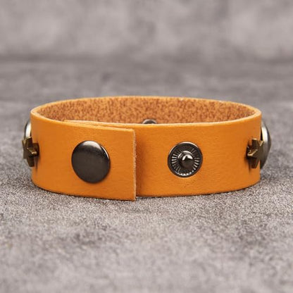 Jeilwiy Punk Leather Wristbands for Men Bracelets Handmade Wide Cuff Bangle Braided Jewelry Black Brown Adjustable - Punk Father's Gifts - color: Rocker Star & Orange
