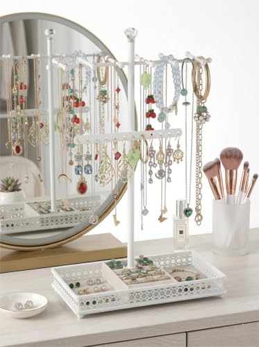 Meangood Jewelry Organizer Stand, 15.6" H Jewelry Tree Display Holder Stand for Bracelets Necklaces Earrings Rings, Gift for Women Girls (White) - color: White