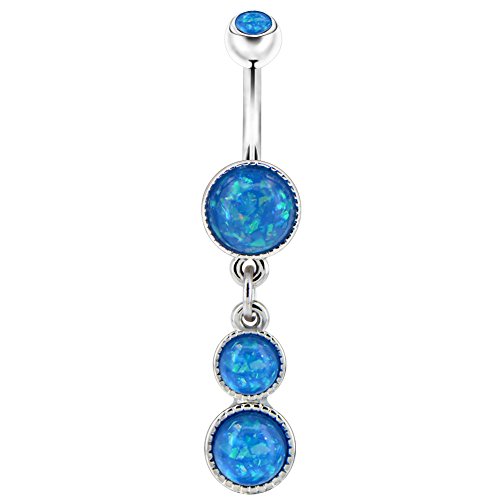 Cute Dangly Opal Belly Button Rings 14g 316L Stainless Steel Dangle Navel Rings for Women Belly Button Piercing Dangling Navel Bar - color: Blue Opal
