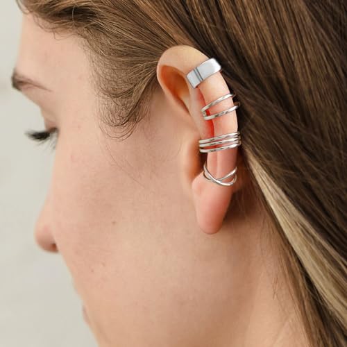 CHIC & ARTSY Sterling Silver Ear Cuff Set - Hypoallergenic, Simple, Adjustable No Piercing Clip on Earrings - color: #4 silver