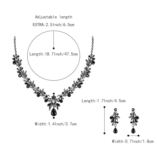 Women's Wedding Jewelry Set Leaf Flower for Bridal Prom Party | Stunning Crystal Teardrop Marquise Cluster Pendant Necklace Dangle Earrings Set for Bride Bridesmaid - color: Black Black-Tone